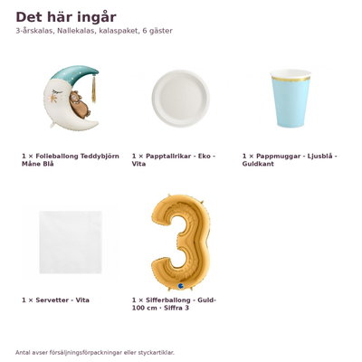 3-årskalas, Nallekalas, kalaspaket, 6 gäster – innehåll och antal, sifferballong 100 cm