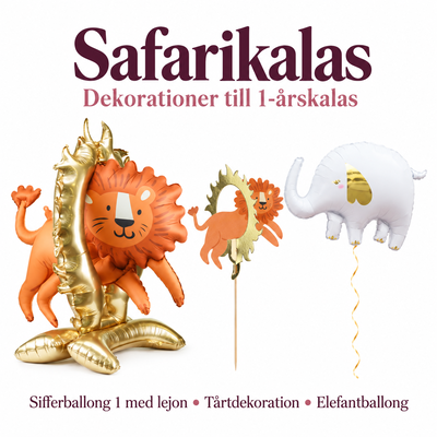 Safarikalas, dekorationspaket till 1-årskalaset – översikt av ingående delar