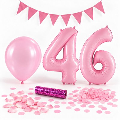 46-års festpaket, Rosa, Stor – paketets dekorationer på vit bakgrund
