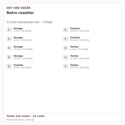 Det här ingår – Satinbandspaket – Retro rosetter – 12 rullar