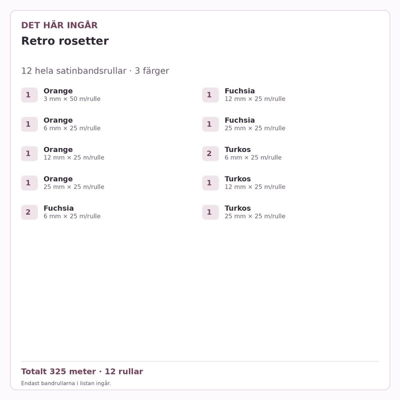 Det här ingår – Satinbandspaket – Retro rosetter – 12 rullar
