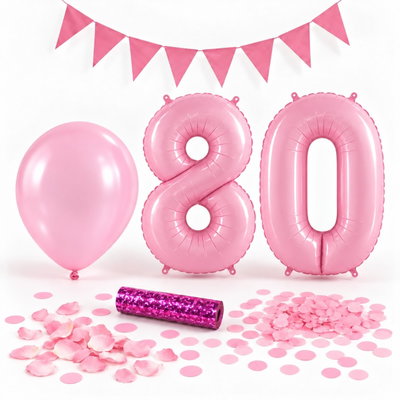 80-års festpaket, Rosa, Stor – paketets dekorationer på vit bakgrund
