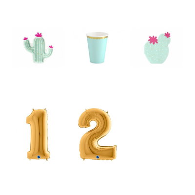 12-årskalas, Llama & kaktus, kalaspaket, 6 gäster – paketets produkter med sifferballong 100 cm