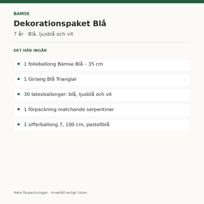 Bamse 7 år – dekorationspaket Blå – innehåll och antal