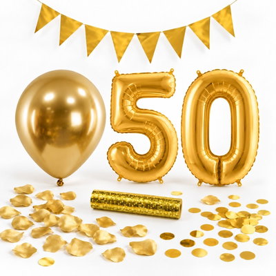 50-års festpaket, Guld, Stor – paketets dekorationer på vit bakgrund
