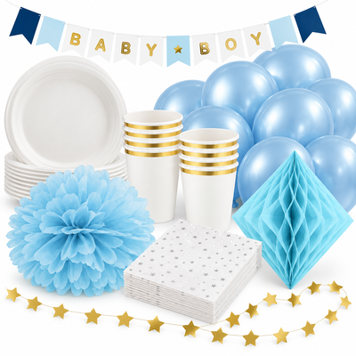 Babyshower pojke – silver och blått – fika och dekorationer, 12 gäster – samlat paketinnehåll