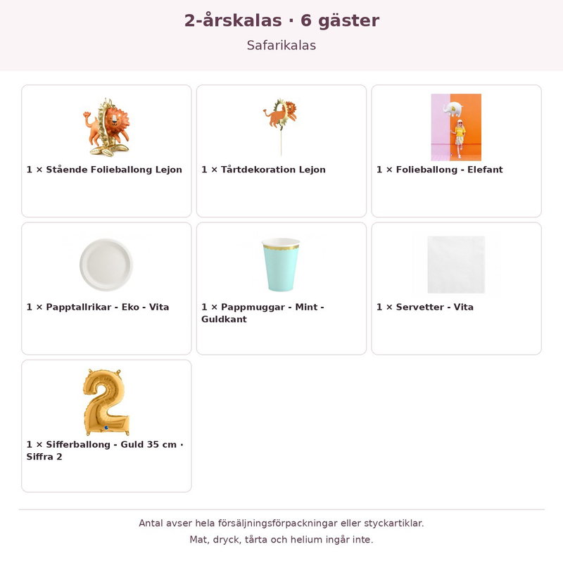 2-årskalas, Safarikalas, kalaspaket, 6 gäster – innehåll och antal förpackningar
