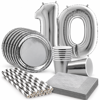 10-årskalas, Silver, kalaspaket, 8 gäster – samlat paketinnehåll