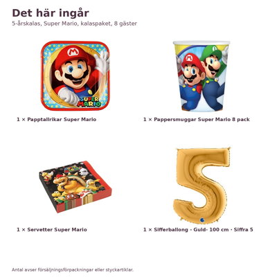 5-årskalas, Super Mario, kalaspaket, 8 gäster – innehåll och antal, sifferballong 100 cm