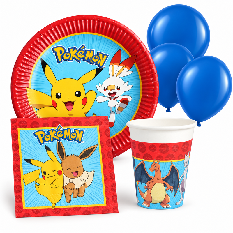 Pokémon – kalaspaket Bas för 8 gäster – översikt av ingående produkttyper
