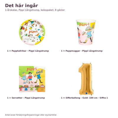 1-årskalas, Pippi Långstrump, kalaspaket, 8 gäster – innehåll och antal, sifferballong 100 cm