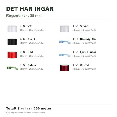 Det här ingår – Satinbandspaket – Färgsortiment 38 mm – 8 rullar