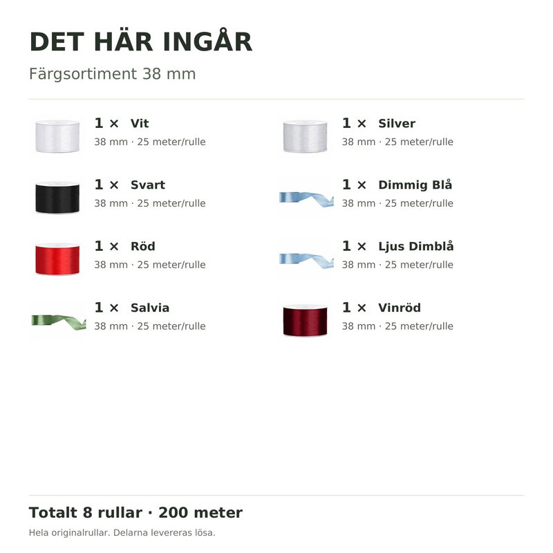 Det här ingår – Satinbandspaket – Färgsortiment 38 mm – 8 rullar