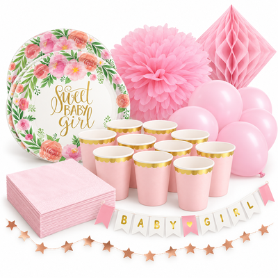 Babyshower flicka – floral och rosa – fika och dekorationer, 12 gäster – samlat paketinnehåll
