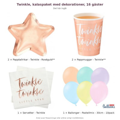 Twinkle, kalaspaket med dekorationer, 16 gäster – innehåll och antal förpackningar