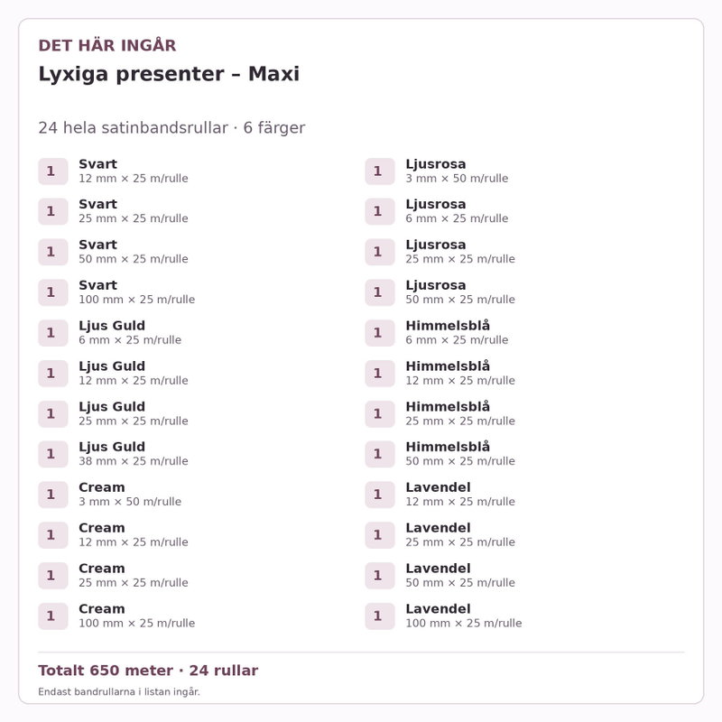 Det här ingår – Satinbandspaket – Lyxiga presenter – Maxi – 24 rullar