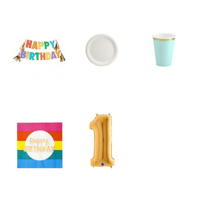 11-årskalas, Festivaltema – regnbåge och fest, kalaspaket, 6 gäster – paketets produkter med sifferballong 100 cm