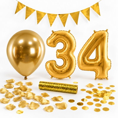 34-års festpaket, Guld, Stor – paketets dekorationer på vit bakgrund