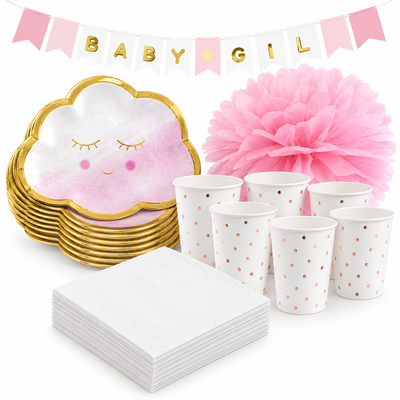 Babyshower flicka – rosa moln – fikapaket, 6 gäster – samlat paketinnehåll