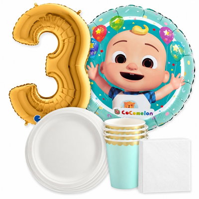 CoComelon 3 år – ballong och färgmatchad dukning för 6 gäster – samlat paketinnehåll