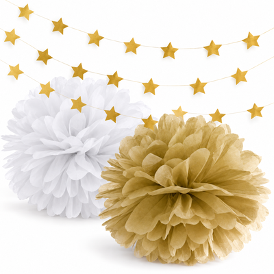 Babyshower och dop – bara dekorationer – vitt och guld – samlat paketinnehåll