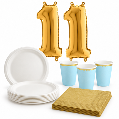 11-årskalas, Ljusblått och guld, kalaspaket, 6 gäster – paketets innehåll