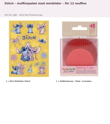 Stitch – muffinspaket med minibilder – för 12 muffins – innehåll och antal