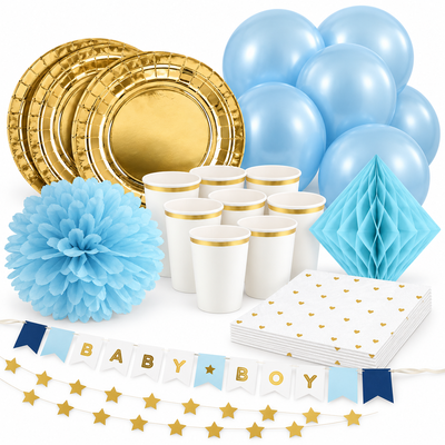Babyshower pojke – guld och blått – fika och dekorationer, 12 gäster – samlat paketinnehåll