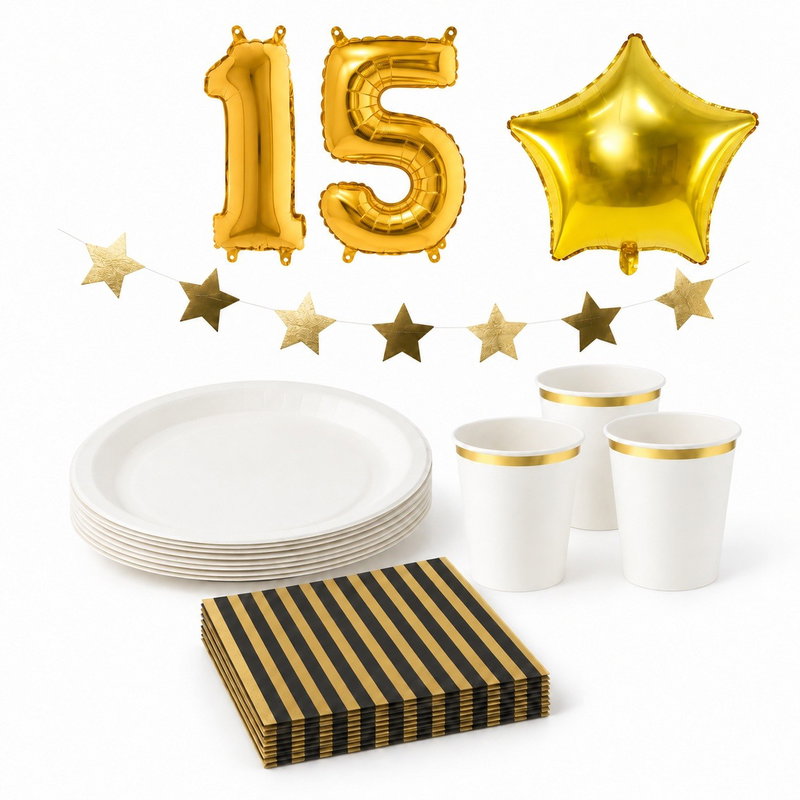 15-årskalas, Hollywoodtema – stjärnor och guld, kalaspaket, 6 gäster – paketets produkter