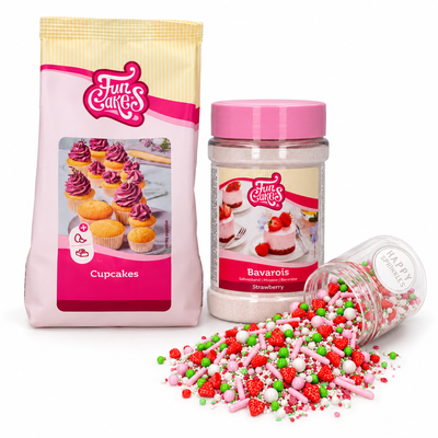 Produktöversikt: Jordgubbsfyllda cupcakes med matchande bärströssel