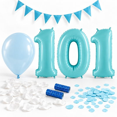 101-års festpaket, Blått, Stor – paketets dekorationer på vit bakgrund