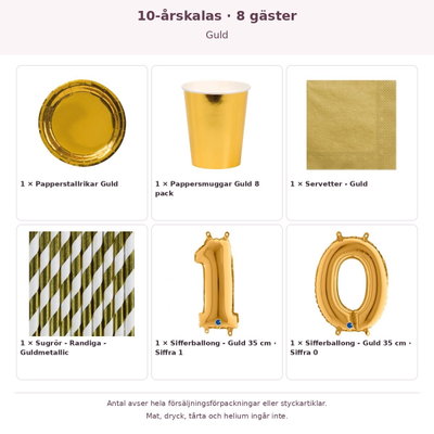 10-årskalas, Guld, kalaspaket, 8 gäster – innehåll och antal förpackningar