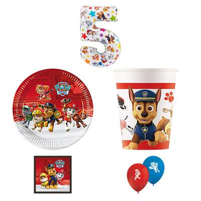 5-årskalas, Paw Patrol, kalaspaket, 8 gäster – sammansatt bild av paketets produkter