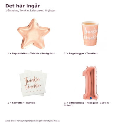 1-årskalas, Twinkle, kalaspaket, 8 gäster – innehåll och antal, sifferballong 100 cm