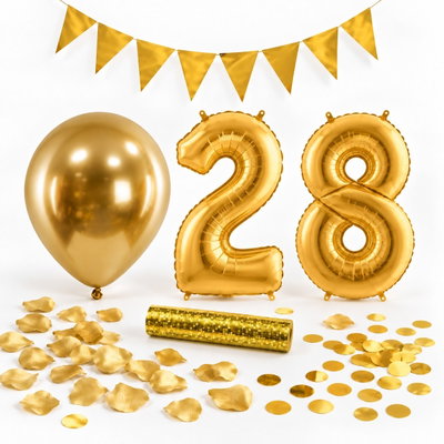 28-års festpaket, Guld, Stor – paketets dekorationer på vit bakgrund