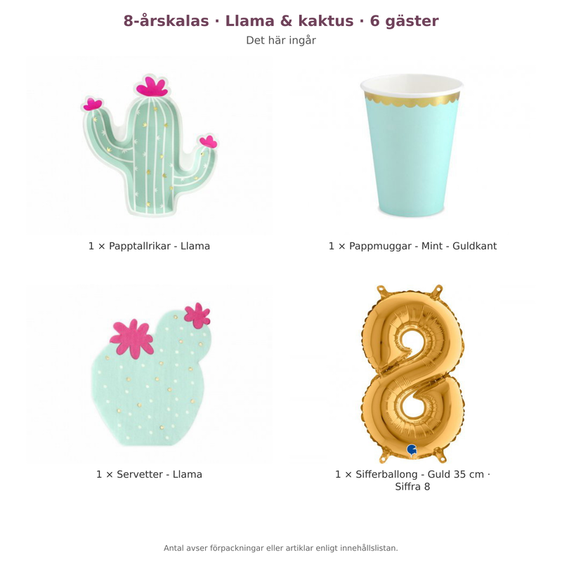 8-årskalas, Llama & kaktus, kalaspaket, 6 gäster – innehåll och antal förpackningar