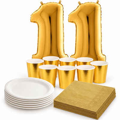 11-årskalas, Vitt och guld, kalaspaket, 6 gäster – samlat paketinnehåll
