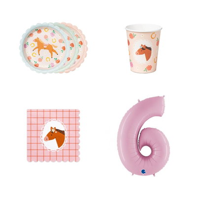 6-årskalas, Hästkalas, kalaspaket, 6 gäster – paketets produkter med sifferballong 100 cm