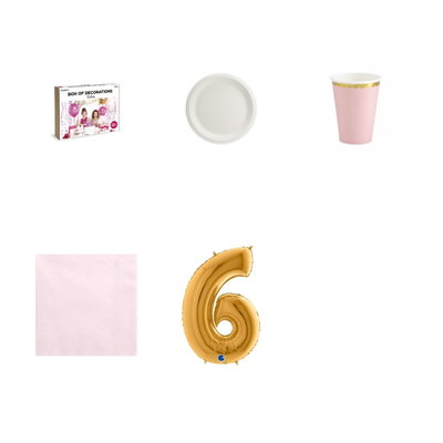 6-årskalas, Prinsesskalas, kalaspaket, 6 gäster – paketets produkter med sifferballong 100 cm