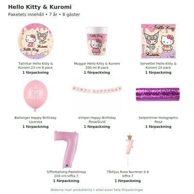 Hello Kitty & Kuromi – 7-årskalas – kalaspaket för 8 gäster – innehåll och antal