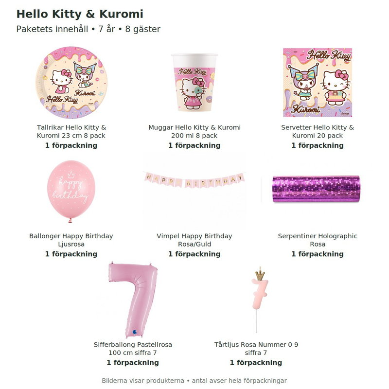 Hello Kitty & Kuromi – 7-årskalas – kalaspaket för 8 gäster – innehåll och antal