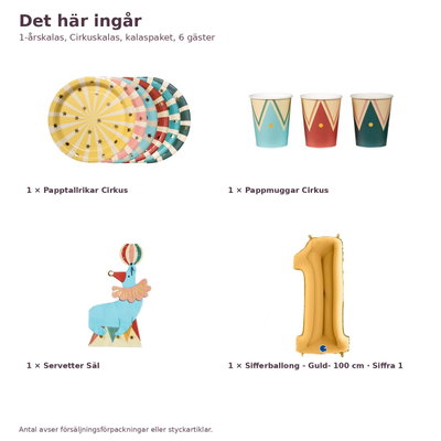 1-årskalas, Cirkuskalas, kalaspaket, 6 gäster – innehåll och antal, sifferballong 100 cm