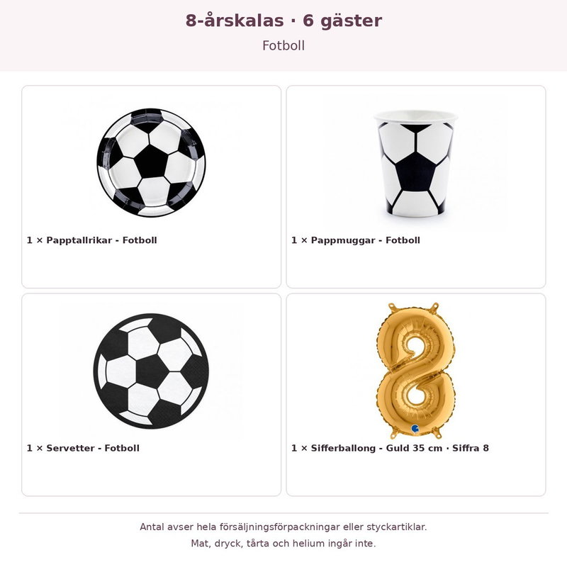 8-årskalas, Fotboll, kalaspaket, 6 gäster – innehåll och antal förpackningar