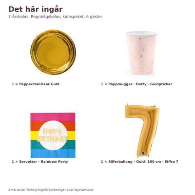 7-årskalas, Regnbågskalas, kalaspaket, 6 gäster – innehåll och antal, sifferballong 100 cm