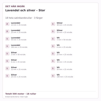 Det här ingår – Satinbandspaket – Lavendel och silver – Stor – 18 rullar