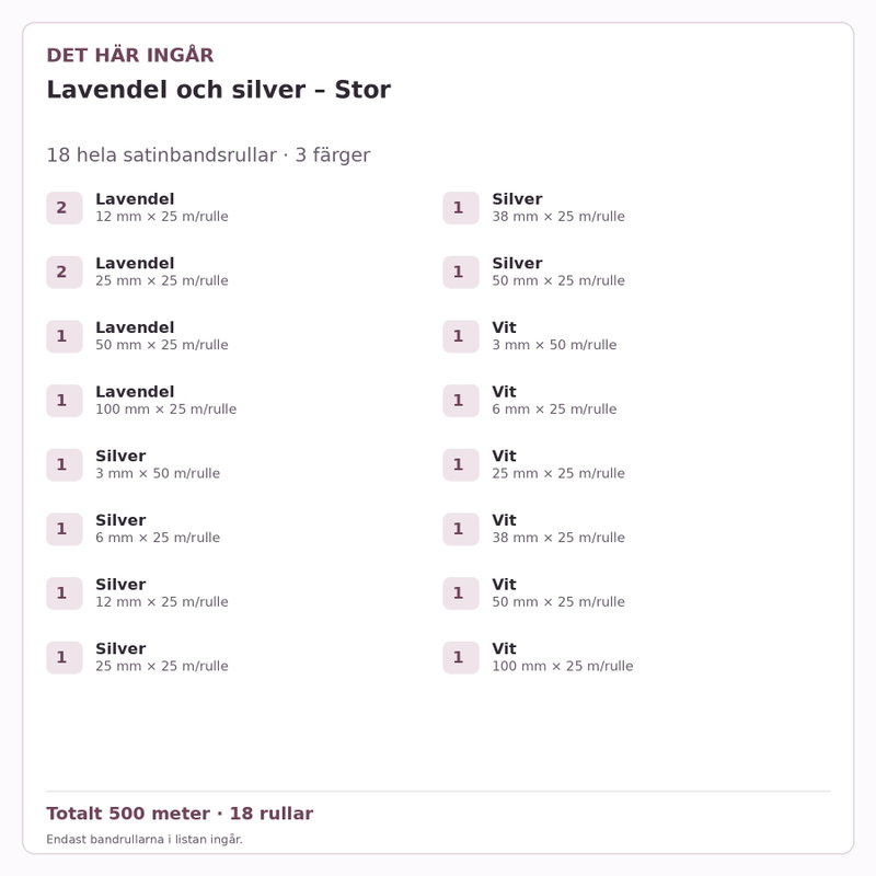 Det här ingår – Satinbandspaket – Lavendel och silver – Stor – 18 rullar