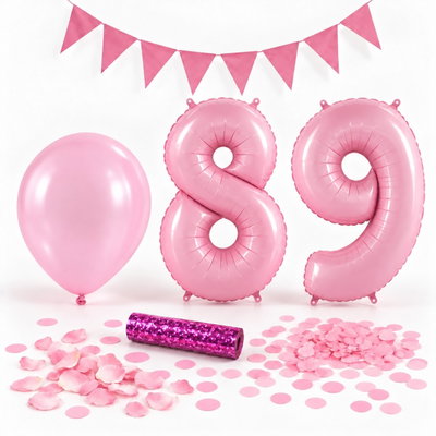 89-års festpaket, Rosa, Stor – paketets dekorationer på vit bakgrund