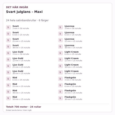 Det här ingår – Satinbandspaket – Svart julglans – Maxi – 24 rullar
