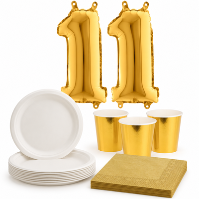 11-årskalas, Vitt och guld, kalaspaket, 6 gäster – paketets innehåll