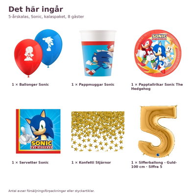 5-årskalas, Sonic, kalaspaket, 8 gäster – innehåll och antal, sifferballong 100 cm